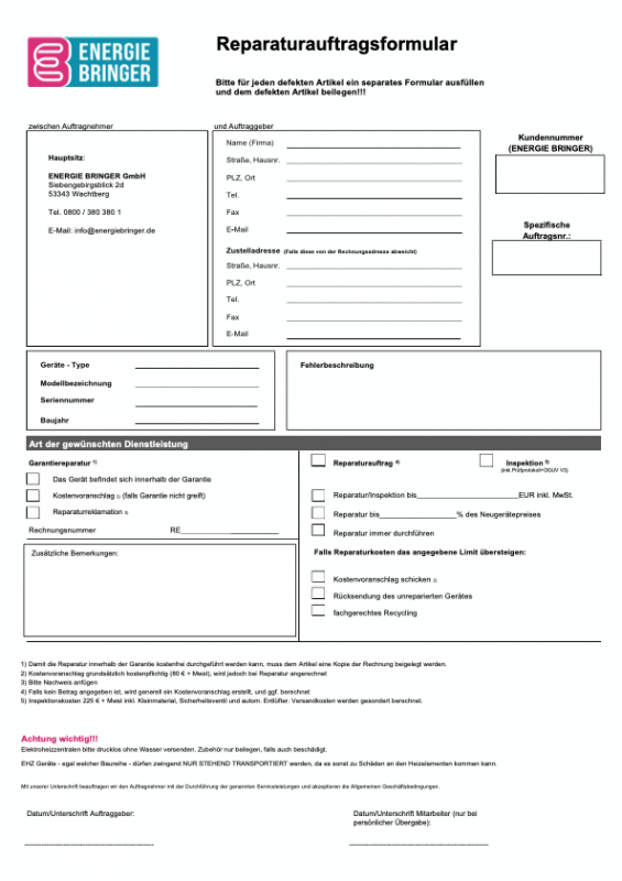 ENERGIE BRINGER Reparaturauftragsformular