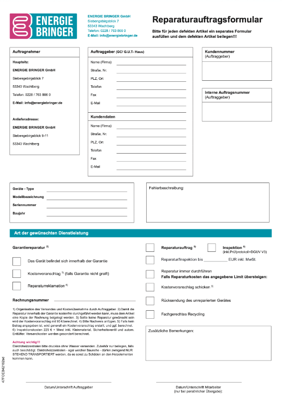 ENERGIE BRINGER Reparaturauftragsformular